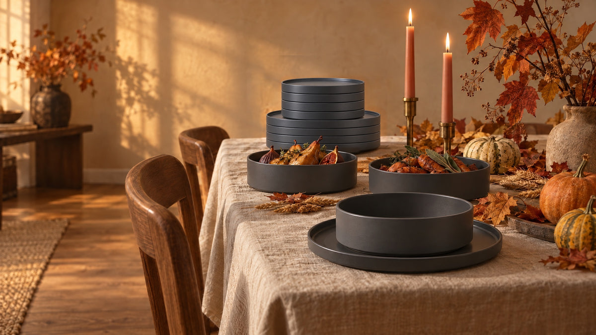 Far & Away Noir dinnerware on an autumn table